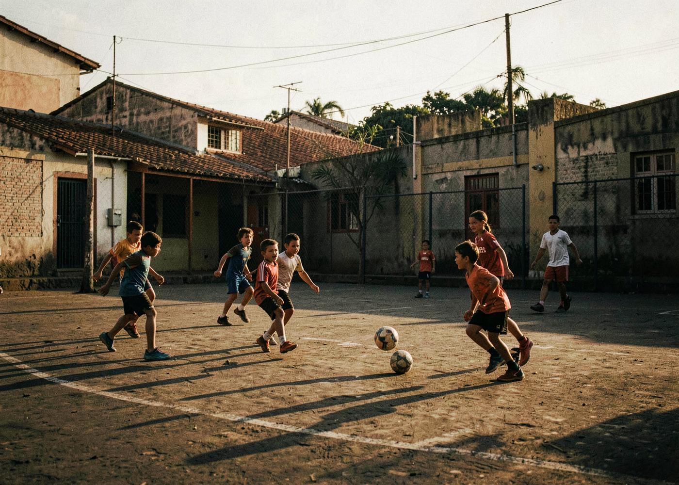 Crianças jogando futebol na quadra do bairro